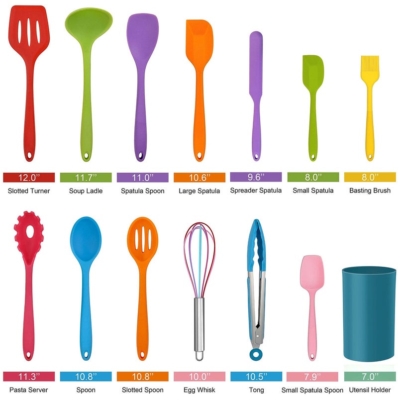 LIANYU 14 Pcs Cooking Utensils Set with Holder, Silicone Kitchen Cookware Utensils Set, Heat Resistant Cooking Gadget Tools Includes Spatula Spoon Turner Whisk Tong, Dishwasher Safe, Colorful - Image 2