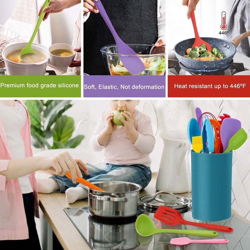 LIANYU 14 Pcs Cooking Utensils Set with Holder, Silicone Kitchen Cookware Utensils Set, Heat Resistant Cooking Gadget Tools Includes Spatula Spoon Turner Whisk Tong, Dishwasher Safe, Colorful - Image 3
