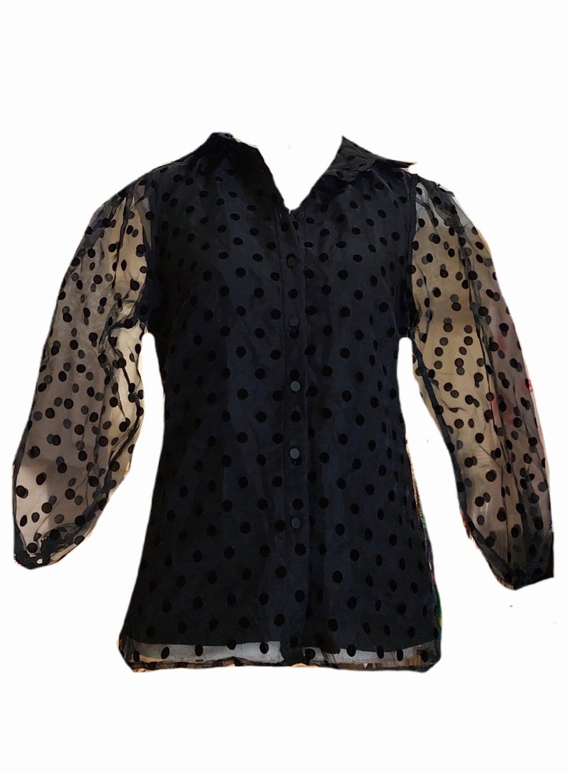Women polka dots buttoned black blouse organza - Image 1