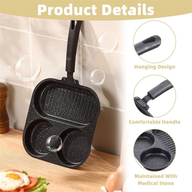 KASTWAVE 3-in-1 Divided Frying Pan, Non-Stick Egg Breakfast Skillet, 3 Compartments for Simultaneous Cooking, Compatible with Gas Electric Induction Stoves, Black - Image 3