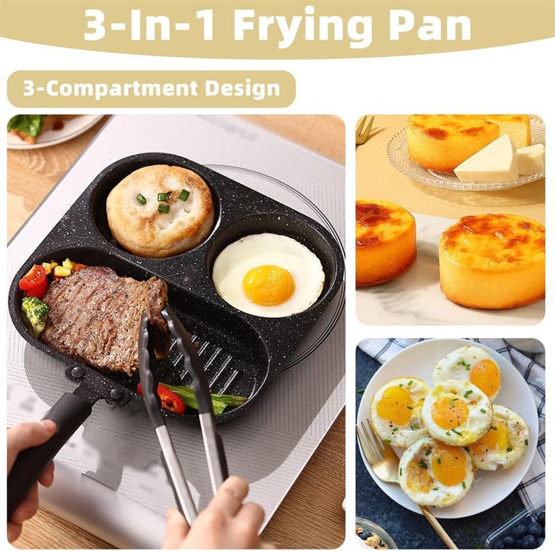 KASTWAVE 3-in-1 Divided Frying Pan, Non-Stick Egg Breakfast Skillet, 3 Compartments for Simultaneous Cooking, Compatible with Gas Electric Induction Stoves, Black - Image 2