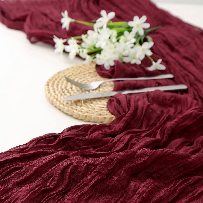 DOLOPL Valentines Day Cheesecloth Table Runner Burgundy 13.3ft Boho Gauze Cheese Cloth Table Runner Rustic Sheer Runner 160inch Long for Wedding Bridal Baby Shower Birthday Table Decorations - Image 3