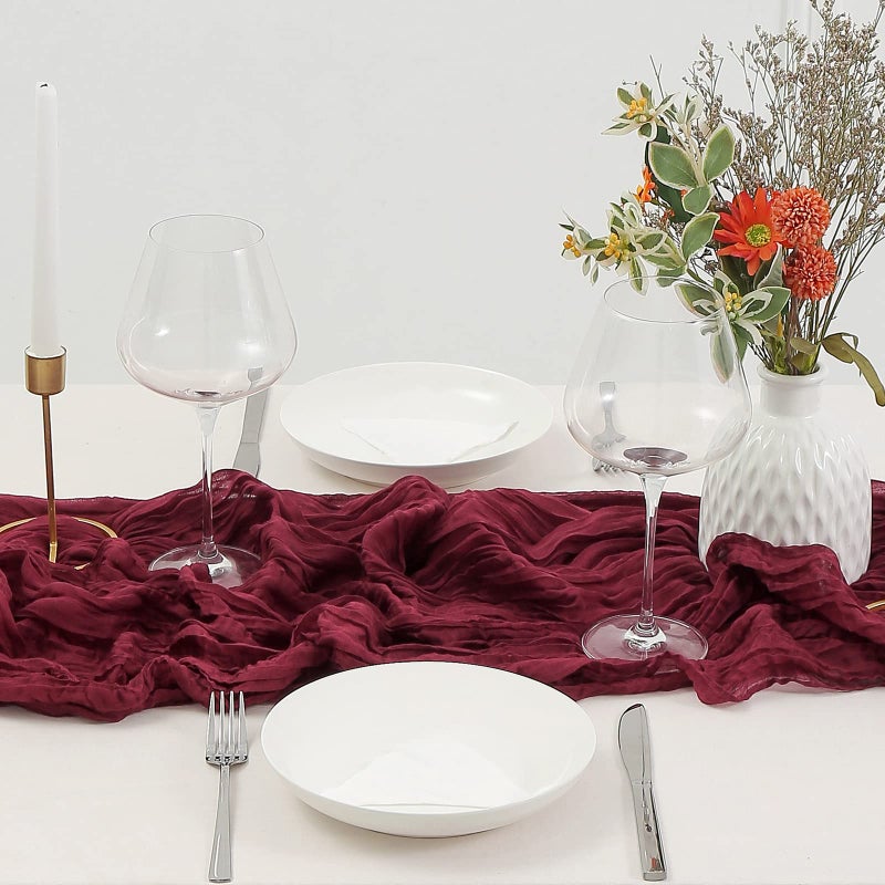 DOLOPL Valentines Day Cheesecloth Table Runner Burgundy 13.3ft Boho Gauze Cheese Cloth Table Runner Rustic Sheer Runner 160inch Long for Wedding Bridal Baby Shower Birthday Table Decorations - Image 4