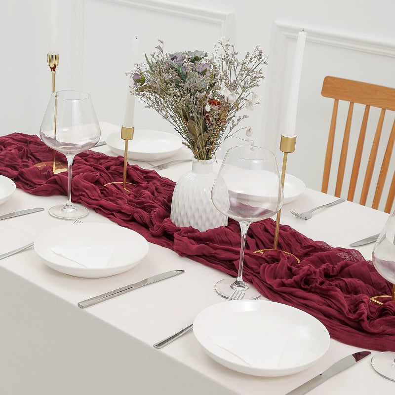 DOLOPL Valentines Day Cheesecloth Table Runner Burgundy 13.3ft Boho Gauze Cheese Cloth Table Runner Rustic Sheer Runner 160inch Long for Wedding Bridal Baby Shower Birthday Table Decorations - Image 5