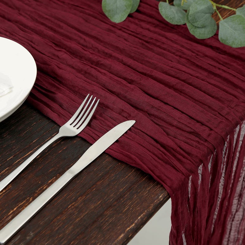 DOLOPL Valentines Day Cheesecloth Table Runner Burgundy 13.3ft Boho Gauze Cheese Cloth Table Runner Rustic Sheer Runner 160inch Long for Wedding Bridal Baby Shower Birthday Table Decorations - Image 2