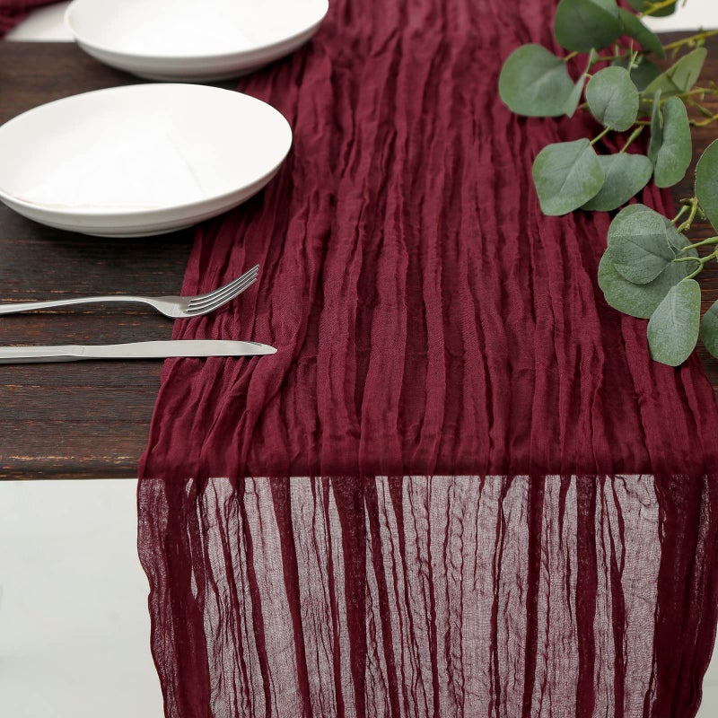 DOLOPL Valentines Day Cheesecloth Table Runner Burgundy 13.3ft Boho Gauze Cheese Cloth Table Runner Rustic Sheer Runner 160inch Long for Wedding Bridal Baby Shower Birthday Table Decorations - Image 1