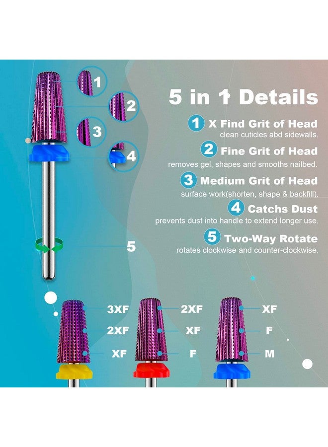 Depvko 3Pcs Carbide 5 In 1 Nail Drill Bit Set Two Way Rotate Use For Both Left And Right Handed Xf， F， M 3/32 Inches Brocas Para Drill Nails For Acrylic Nail Gel Fast Remove - Image 3