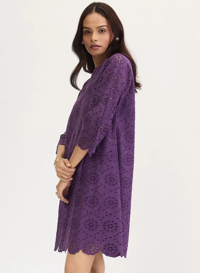 Femmella  Femmella Purple Cotton Schiffli Knee Length Dress for Women | Best Price UAE
