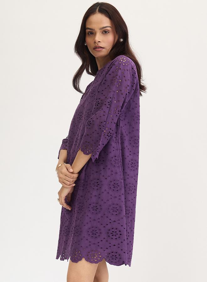 Femmella Purple Cotton Schiffli Knee Length Dress - Image 3