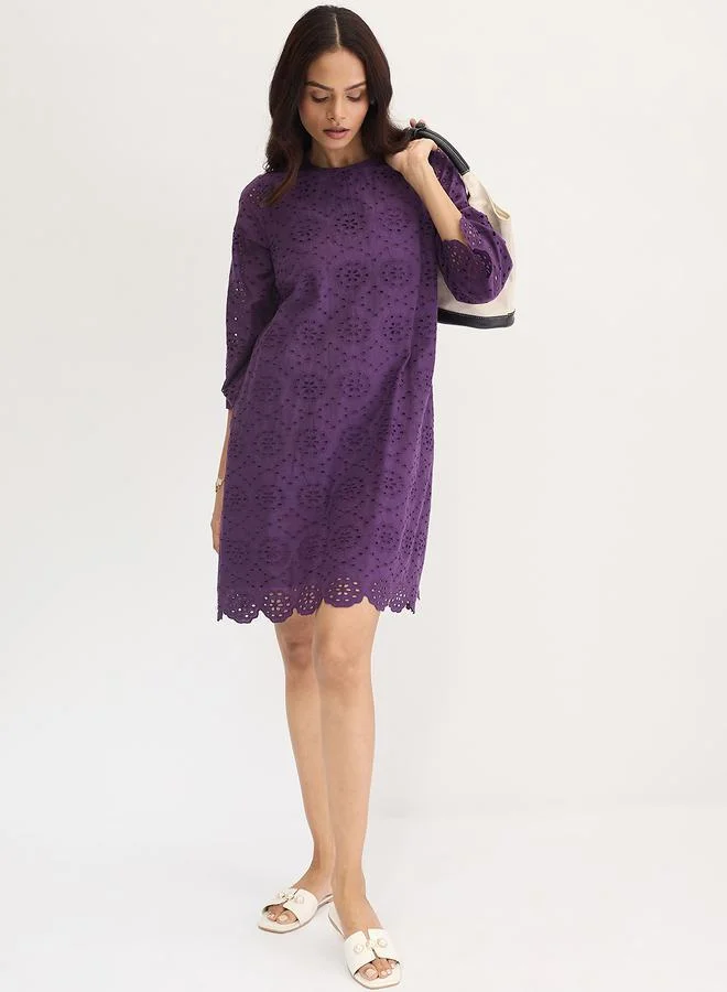 Femmella  Femmella Purple Cotton Schiffli Knee Length Dress for Women | Best Price UAE
