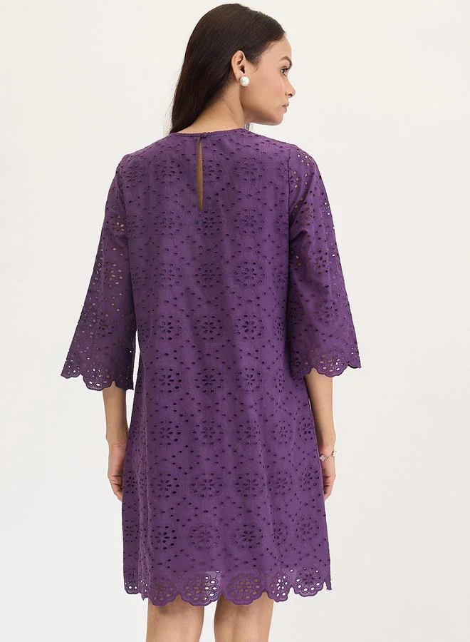 Femmella Femmella Purple Cotton Schiffli Knee Length Dress