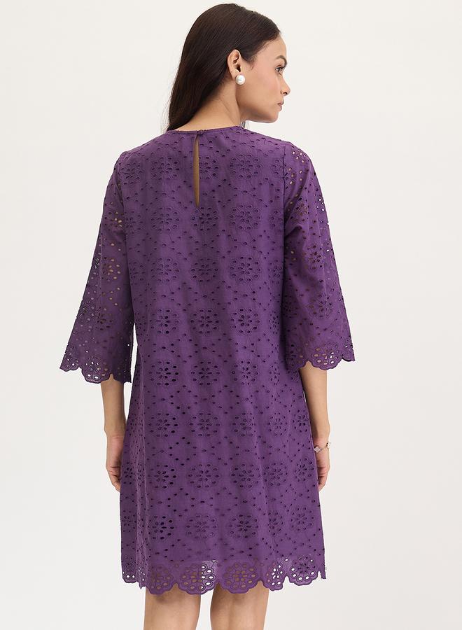 Femmella Purple Cotton Schiffli Knee Length Dress - Image 2