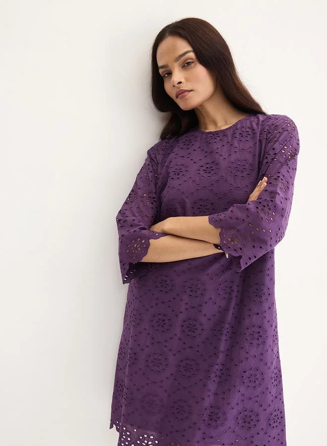 Femmella  Femmella Purple Cotton Schiffli Knee Length Dress for Women | Best Price UAE