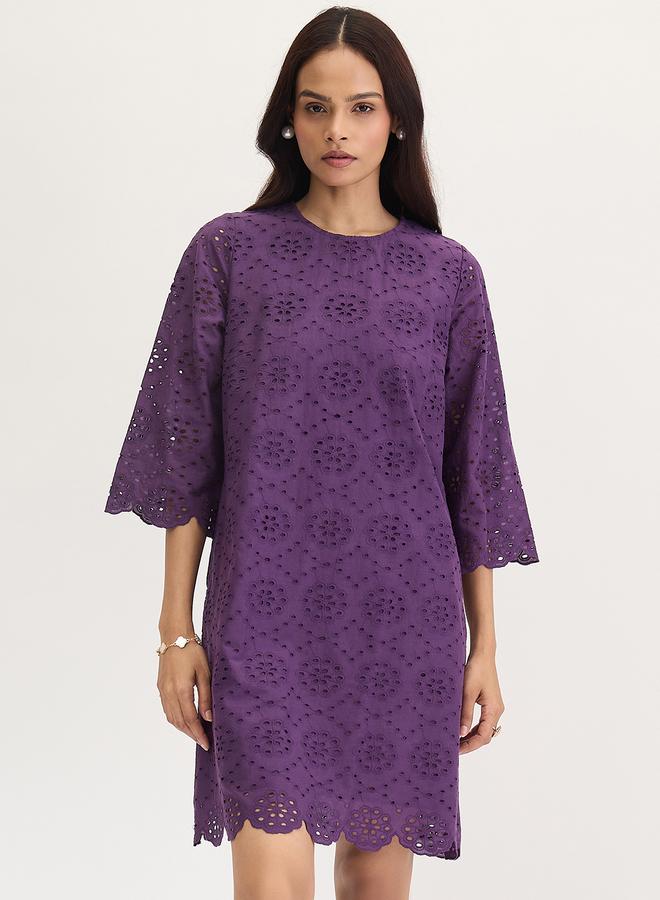 Femmella Purple Cotton Schiffli Knee Length Dress - Image 1