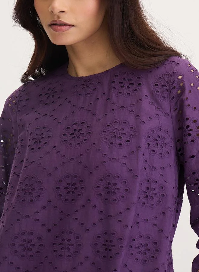 Femmella  Femmella Purple Cotton Schiffli Knee Length Dress for Women | Best Price UAE