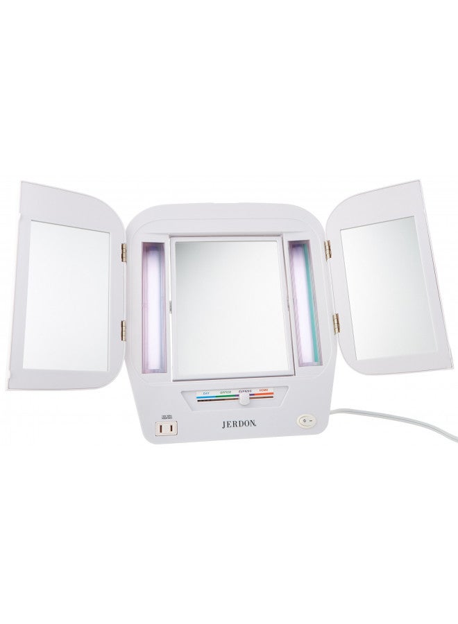 JERDON Modern Tri-Fold Makeup Mirror with Lights - Vanity Mirror with 5X Magnification & Multiple Light Settings - White Base - Model JGL10W - Image 2