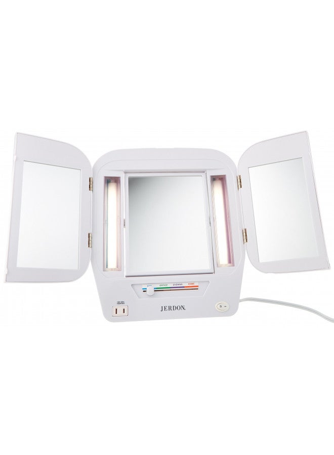 JERDON Modern Tri-Fold Makeup Mirror with Lights - Vanity Mirror with 5X Magnification & Multiple Light Settings - White Base - Model JGL10W - Image 4
