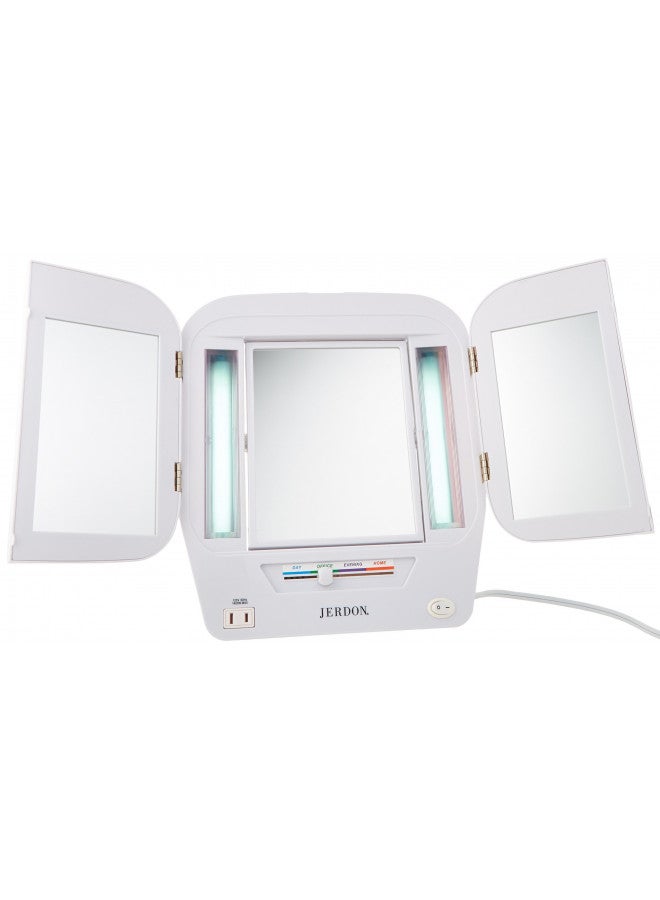 JERDON Modern Tri-Fold Makeup Mirror with Lights - Vanity Mirror with 5X Magnification & Multiple Light Settings - White Base - Model JGL10W - Image 3