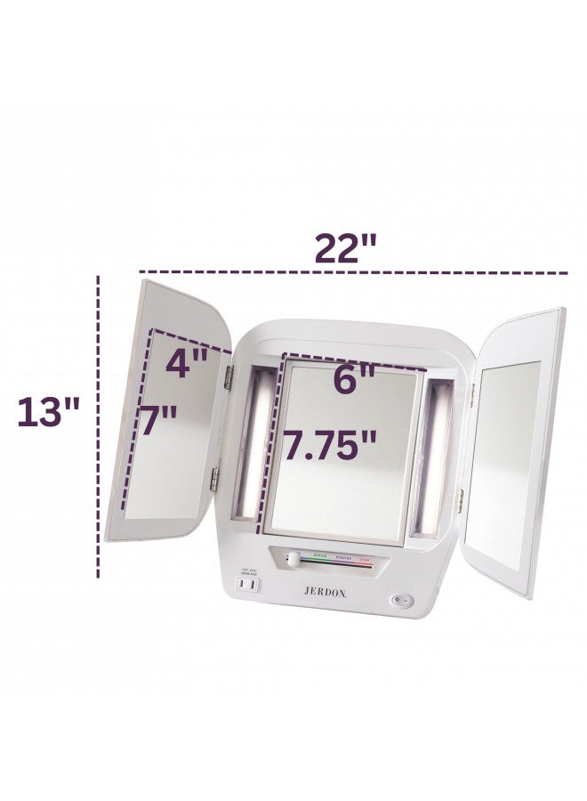 JERDON Modern Tri-Fold Makeup Mirror with Lights - Vanity Mirror with 5X Magnification & Multiple Light Settings - White Base - Model JGL10W - Image 5