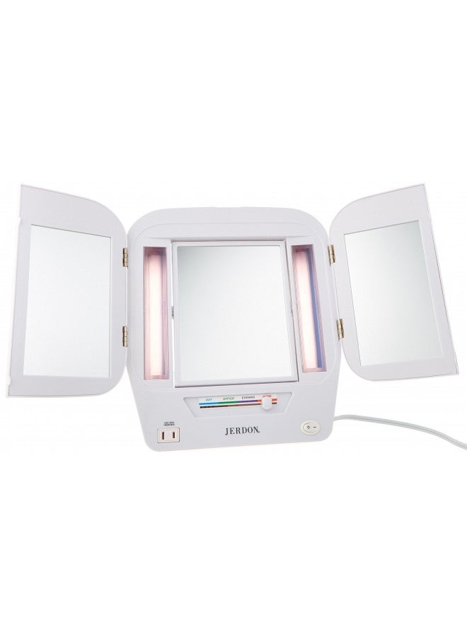 JERDON Modern Tri-Fold Makeup Mirror with Lights - Vanity Mirror with 5X Magnification & Multiple Light Settings - White Base - Model JGL10W - Image 1