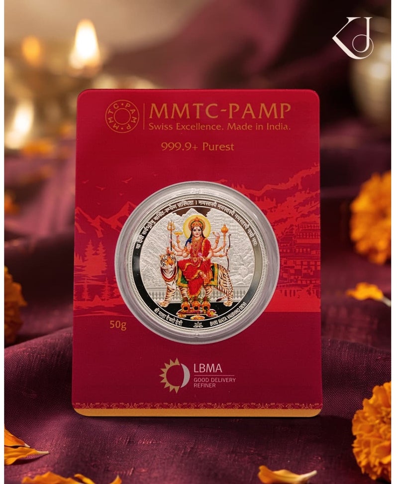 MMTC-PAMP 50GRAMS MMTC-PAMP 999.9 FINE PURE SILVER COIN WITH DURGA MAA COLOURED COIN - Image 1