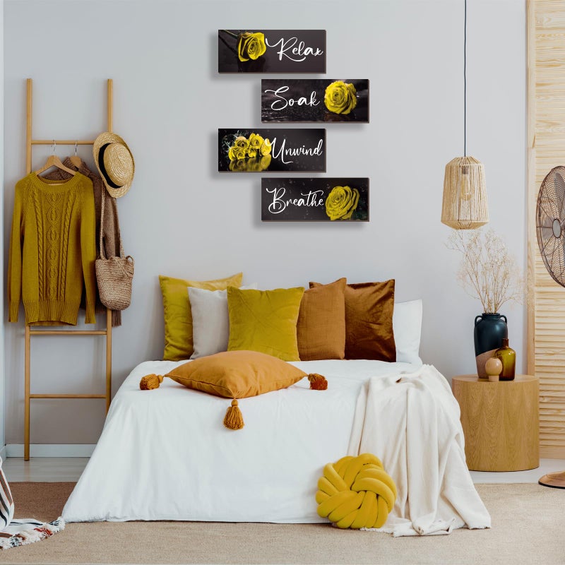 ZINYAZHE 4Pcs Yellow Bathroom Decor Yellow Rose Wall Decor Wooden Yellow Bathroom Accessories with Relax Soak Unwind Breathe Wall Art For Girl Women Bedroom Living Room Home Decoration (Yellow 10 X 4 Inch) - Image 3