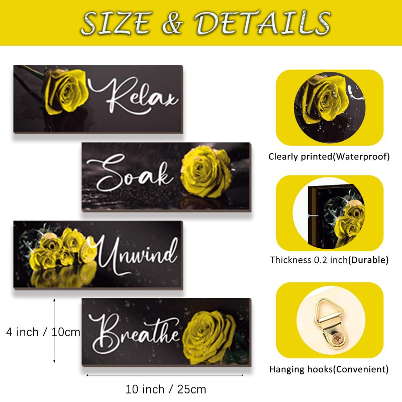 ZINYAZHE 4Pcs Yellow Bathroom Decor Yellow Rose Wall Decor Wooden Yellow Bathroom Accessories with Relax Soak Unwind Breathe Wall Art For Girl Women Bedroom Living Room Home Decoration (Yellow 10 X 4 Inch) - Image 2