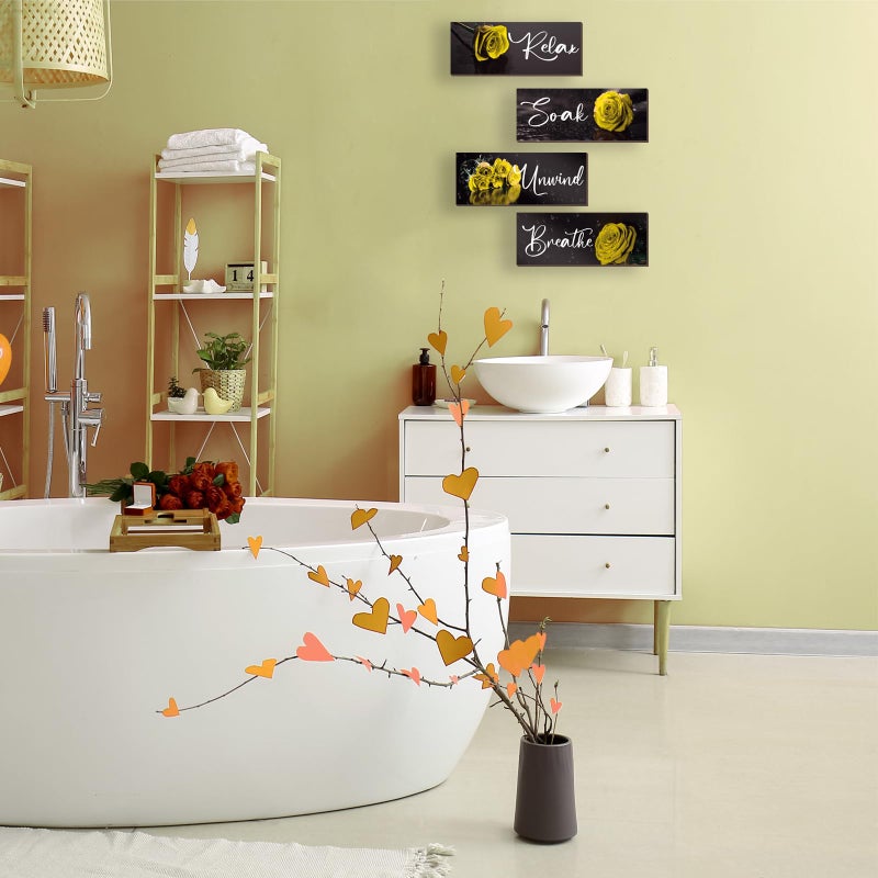 ZINYAZHE 4Pcs Yellow Bathroom Decor Yellow Rose Wall Decor Wooden Yellow Bathroom Accessories with Relax Soak Unwind Breathe Wall Art For Girl Women Bedroom Living Room Home Decoration (Yellow 10 X 4 Inch) - Image 1