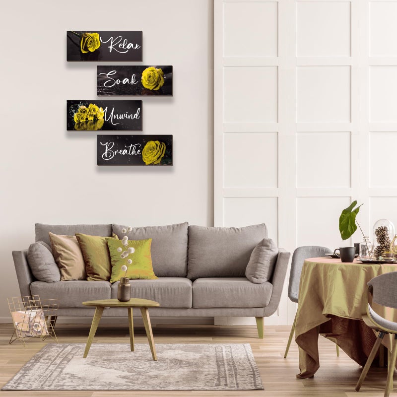 ZINYAZHE 4Pcs Yellow Bathroom Decor Yellow Rose Wall Decor Wooden Yellow Bathroom Accessories with Relax Soak Unwind Breathe Wall Art For Girl Women Bedroom Living Room Home Decoration (Yellow 10 X 4 Inch) - Image 4