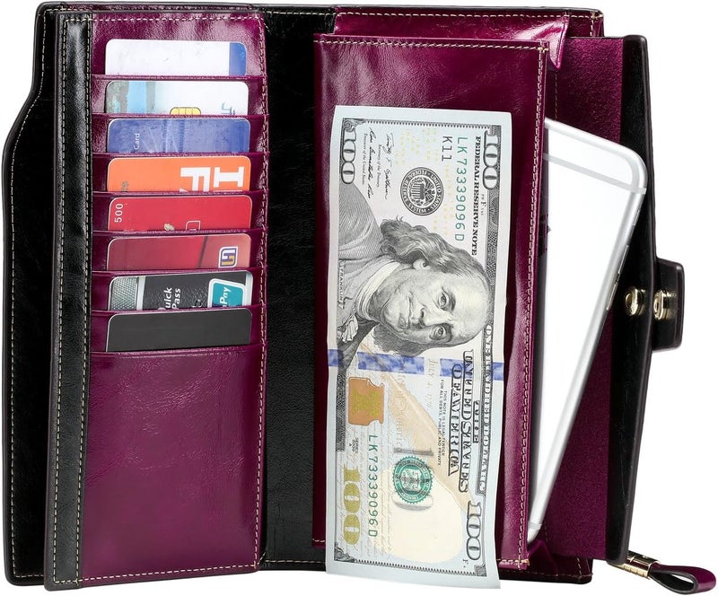 ITSLIFE Womens Wallet RFID Blocking Large Capacity Luxury Wax Genuine Leather Wallets Clutch Wallet Ladies Card holder, Fuchsia - Image 2