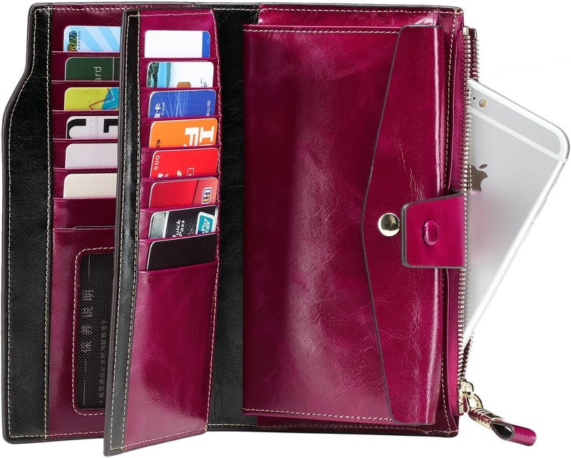 ITSLIFE Womens Wallet RFID Blocking Large Capacity Luxury Wax Genuine Leather Wallets Clutch Wallet Ladies Card holder, Fuchsia - Image 4