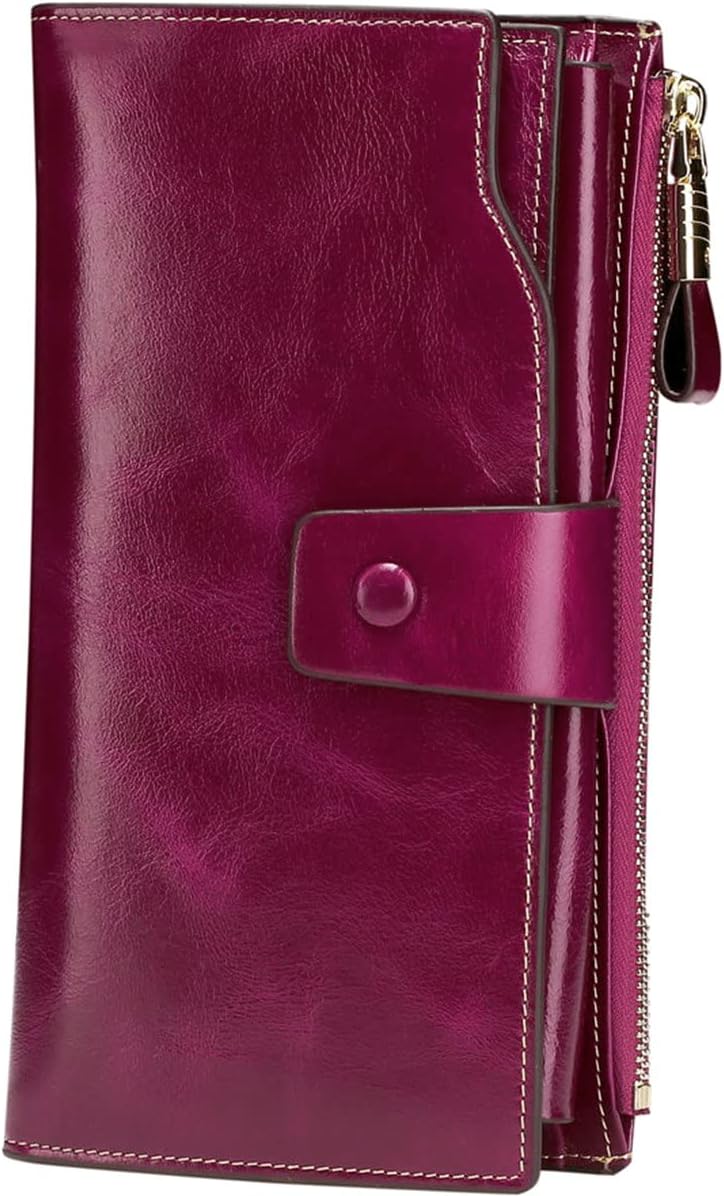 ITSLIFE Womens Wallet RFID Blocking Large Capacity Luxury Wax Genuine Leather Wallets Clutch Wallet Ladies Card holder, Fuchsia - Image 1