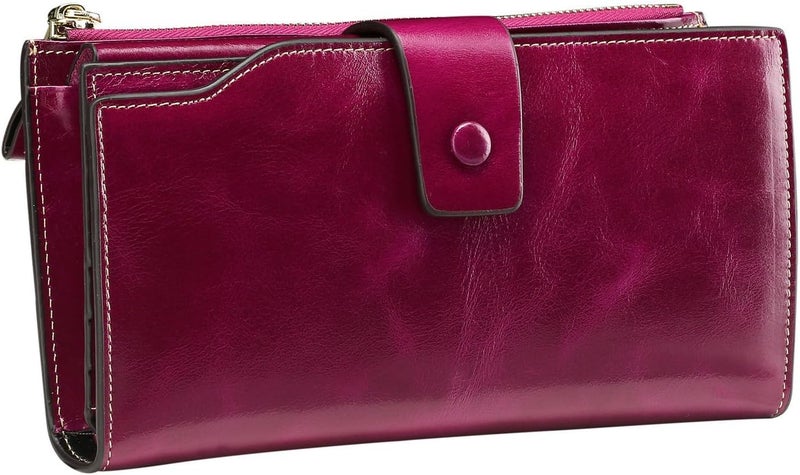 ITSLIFE Womens Wallet RFID Blocking Large Capacity Luxury Wax Genuine Leather Wallets Clutch Wallet Ladies Card holder, Fuchsia - Image 3