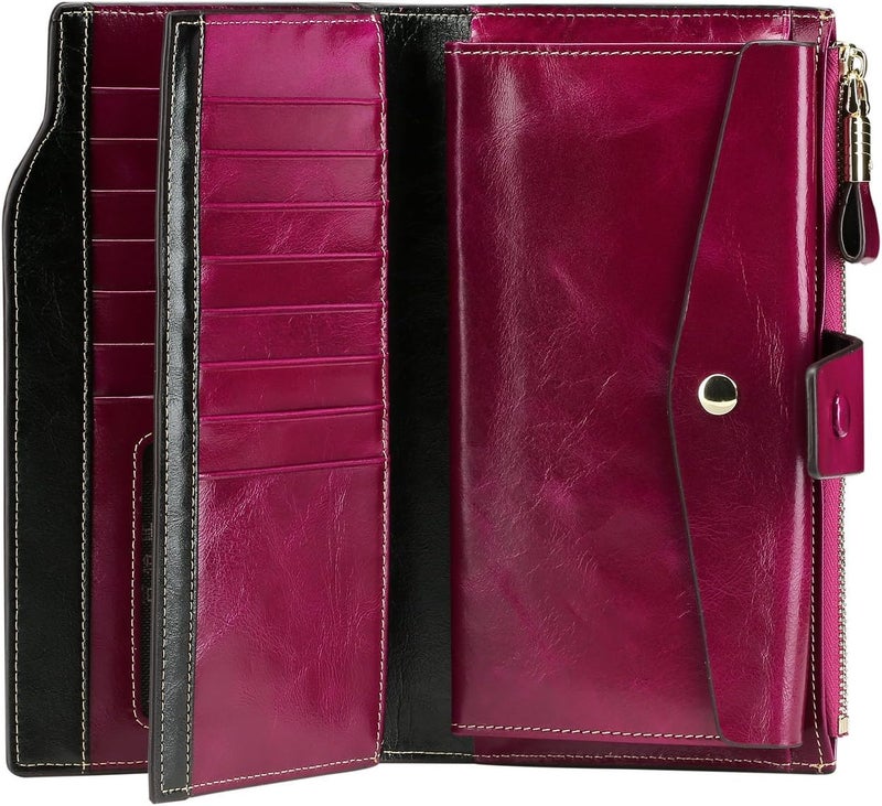 ITSLIFE Womens Wallet RFID Blocking Large Capacity Luxury Wax Genuine Leather Wallets Clutch Wallet Ladies Card holder, Fuchsia - Image 5