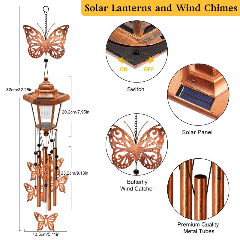 yulloyello Large Solar Butterfly Wind Chimes with Wind Catcher/Solar Decor Light to Create a Zen Atmosphere Suitable for Outdoor, Garden, Patio Decor Classic Bronze Wind Chimes as A Memorial Gift for Unisex - Image 2