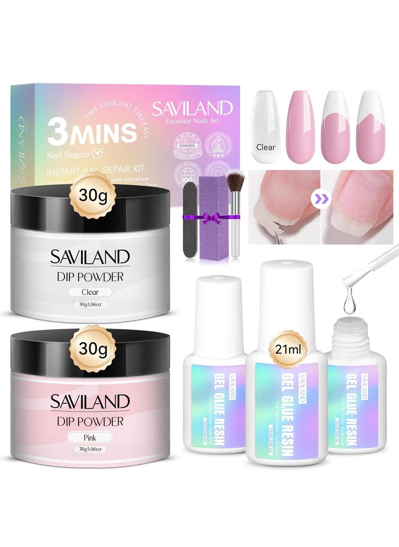 Saviland - SAVILAND 60g Nail Repair Kit for Split Damaged Nails: 3 Mins Air Dry Quick & Easy Instant Broken Nail Repair Natural Clear & Pink Dip Powder with 21ml Nail Repair Glue Emergency Home & Salon Use - Image 1