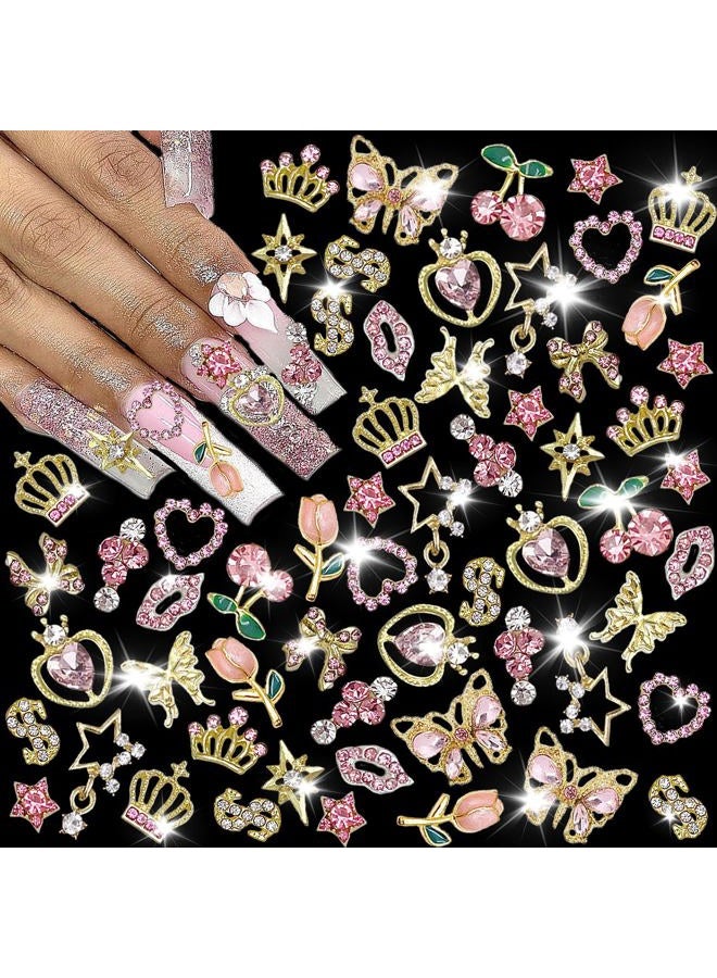 KACHIMOO 30 PCS Pink Nail Charms Y2k Nail Charm Shiny Rhinestones for Nails 3D Heart Bow Star Cherry Crown Butterfly Flower Nail Gems Gold Nail Art Charms for Women Girls Nail DIY - Image 1