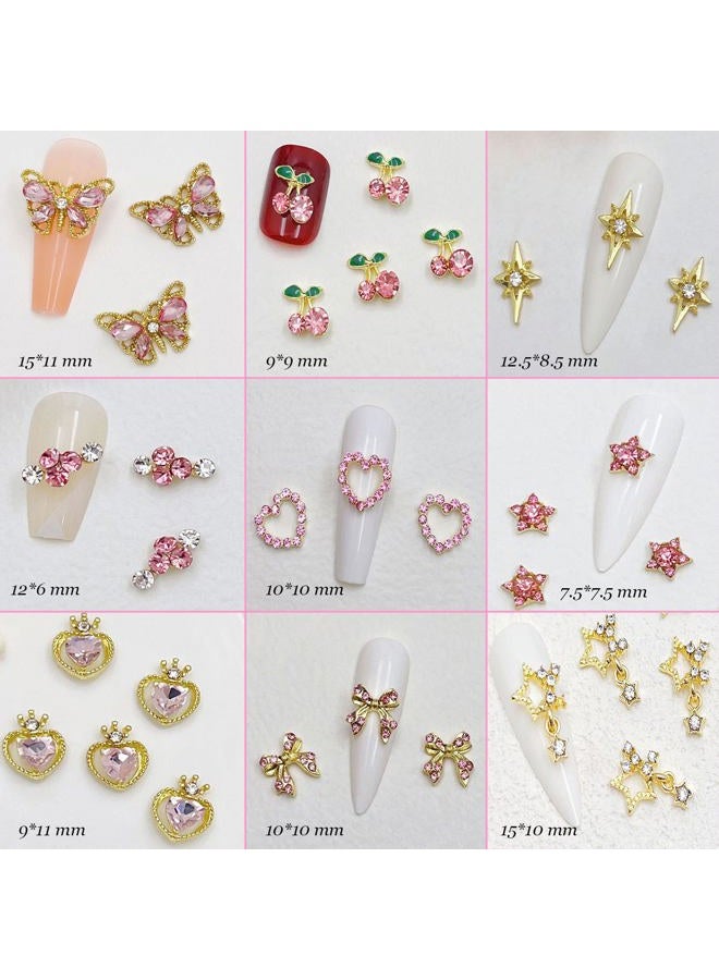 KACHIMOO 30 PCS Pink Nail Charms Y2k Nail Charm Shiny Rhinestones for Nails 3D Heart Bow Star Cherry Crown Butterfly Flower Nail Gems Gold Nail Art Charms for Women Girls Nail DIY - Image 2