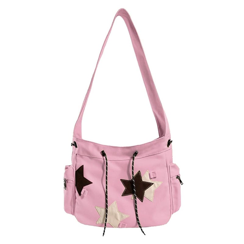 KlaOYer Cute Messenger Bag Canvas Shoulder Bag Star Crossbody Purse Y2K Tote Bag Kawaii Aesthetic Hobo Handbag for Women (Pink) - Image 1