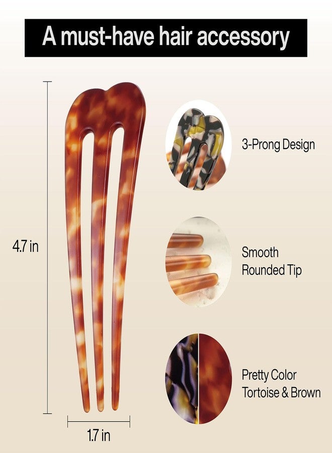 HYFEEL Large French Hair Pins for Women, 3-Prong French Pins for Thick Hair, U Shaped Hair Forks, French Twist Hair Pin Clips, Updo Hair Sticks for Buns, 2 Pcs (Tortoise, Brown) - Image 3