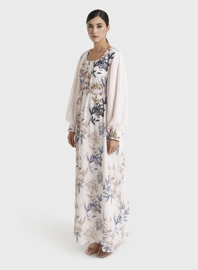 Kashkha  Light Beige Floral Printed Georgette Maxi Dress (VW332) for Women | Best Price UAE
