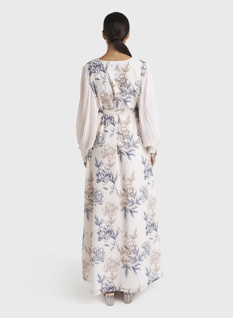 Kashkha  Light Beige Floral Printed Georgette Maxi Dress (VW332) for Women | Best Price UAE
