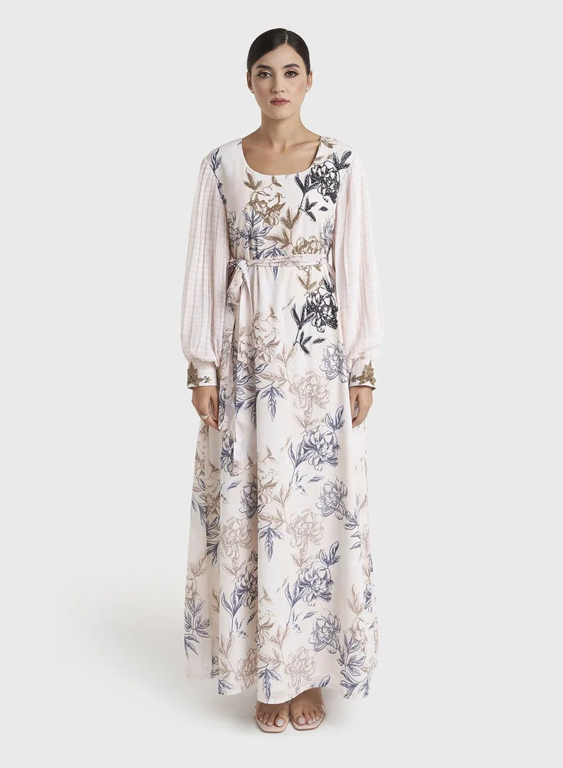 Kashkha Light Beige Floral Printed Georgette Maxi Dress (VW332)