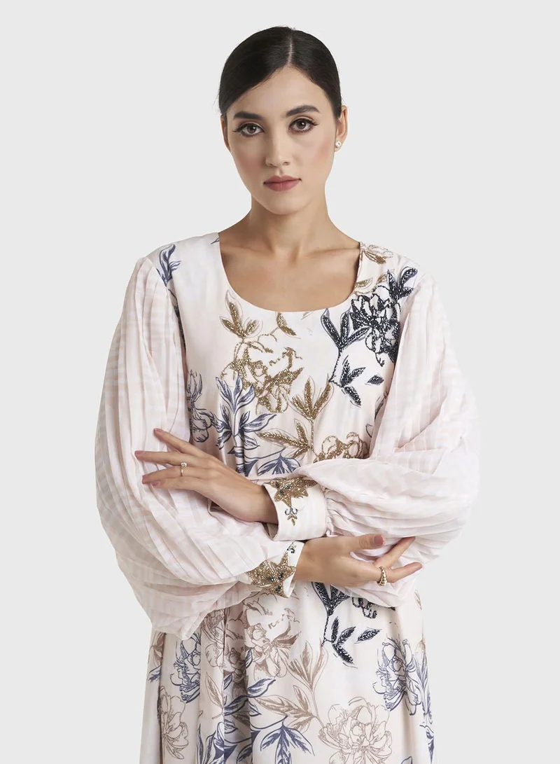 Kashkha Light Beige Floral Printed Georgette Maxi Dress (VW332)