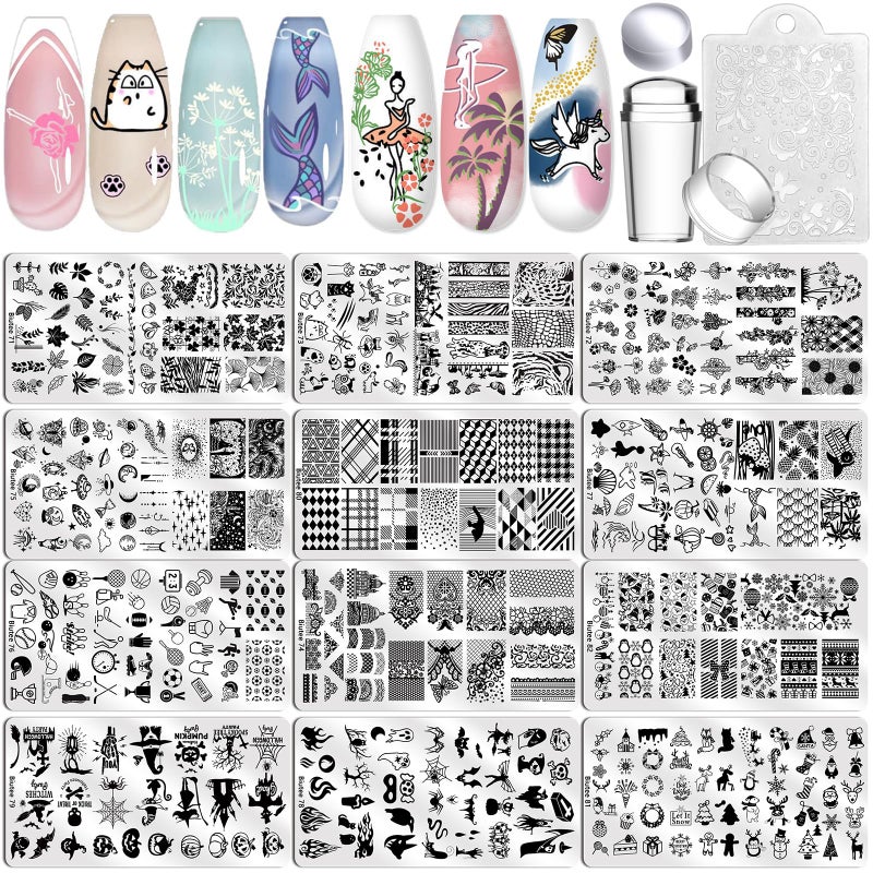 Biutee Nail Stamping Plate Set 12Pcs Nail Art Stamping Plates Nail Stamping Kit Nail Stamper Kit Flower Leaves Animal Lace Star Design Nail Stamp Plate - Image 1