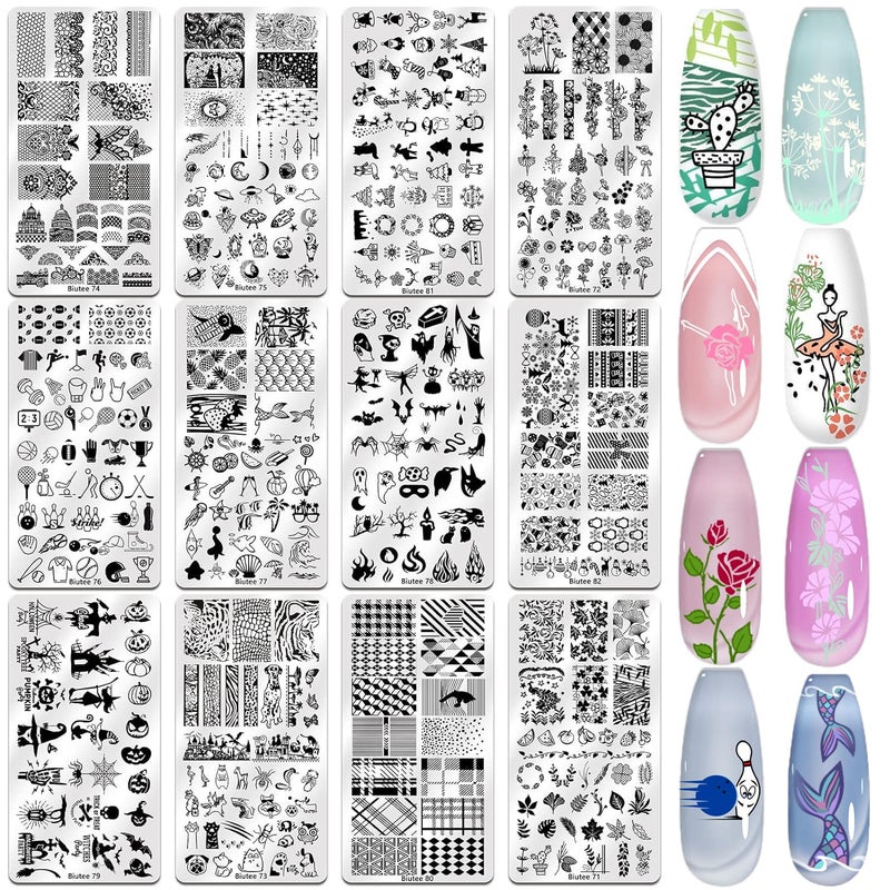 Biutee Nail Stamping Plate Set 12Pcs Nail Art Stamping Plates Nail Stamping Kit Nail Stamper Kit Flower Leaves Animal Lace Star Design Nail Stamp Plate - Image 2