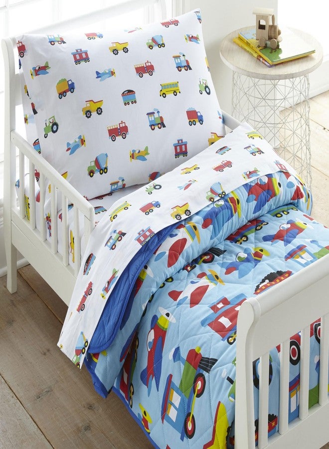 Wildkin 4-Piece Toddler Bed in a Bag - Cotton Comforter, Sheets & Pillowcase for Cozy Cuddles - Trains, Planes, and Trucks - Image 1