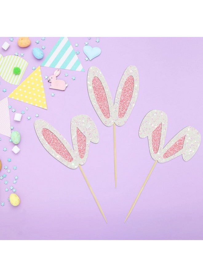 Ephlyn 24Pcs Glitter Bunny Ears Cupcake Toppers Easter Rabbit Theme Happy Birthday Cupcake Picks for Bunny Happy Easter Baby Shower Birthday Spring Easter Party Cake Decorations - Image 4