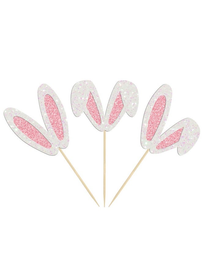 Ephlyn 24Pcs Glitter Bunny Ears Cupcake Toppers Easter Rabbit Theme Happy Birthday Cupcake Picks for Bunny Happy Easter Baby Shower Birthday Spring Easter Party Cake Decorations - Image 3
