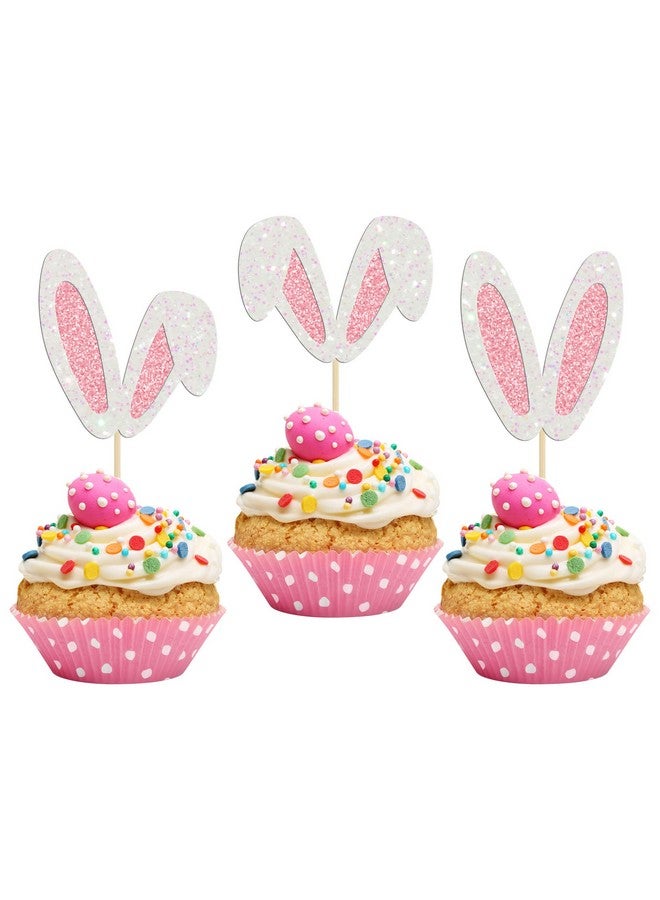Ephlyn 24Pcs Glitter Bunny Ears Cupcake Toppers Easter Rabbit Theme Happy Birthday Cupcake Picks for Bunny Happy Easter Baby Shower Birthday Spring Easter Party Cake Decorations - Image 1